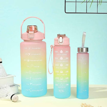 3-Piece Motivational Water Bottle Set with Time Markers & Straw – Leak-Proof, BPA-Free Frosted Gradient Ombre Jugs (2L, 900ml, and 300ml) for Fitness, Gym, and Outdoor Sports